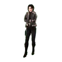 a woman wearing a brown jacket and black pants stands with her arms crossed