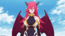 a girl with red hair and horns is wearing a black and gold outfit .