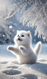 a white cat is playing in the snow with snowflakes falling