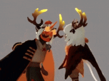 a couple of cartoon characters standing next to each other with deer antlers on their heads