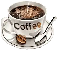 a cup of coffee on a saucer with a spoon and a coffee bean