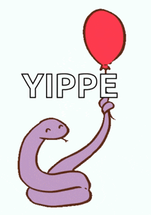 a purple snake is holding a red balloon with the word yippe on it