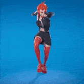 a cartoon character with red hair is doing a trick on a blue background