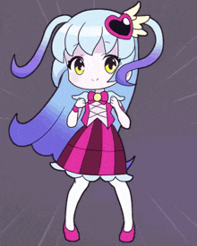 a girl with blue hair and a pink heart on her head