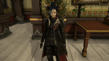 a video game character is standing in a room with a table