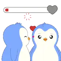 a couple of penguins kissing each other with a heart in the background