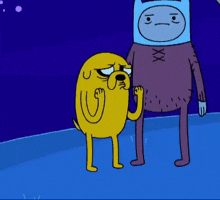 a cartoon character with a sad look on his face stands next to another character