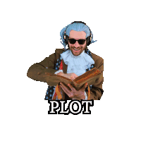 a man wearing a wig and headphones is holding a book with the word plot written below him