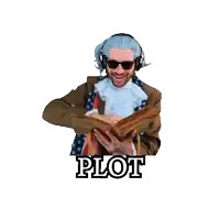 a man wearing a wig and headphones is holding a book with the word plot written below him