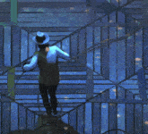 a man in a hat is standing on a staircase in front of a blue wall
