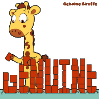 a cartoon of a giraffe holding bricks that spell out the word genuine