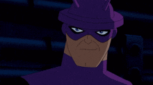 a cartoon character with a purple hat and mask on