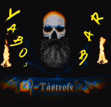 a skull with a beard is surrounded by flames and the word tatrofe on the bottom right
