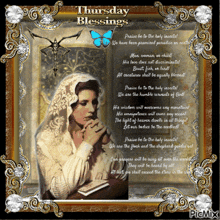 a picture of a woman praying with the words thursday blessings on the top