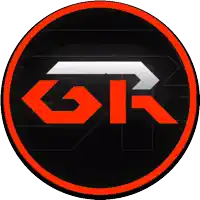 a black circle with a red gk logo in the center