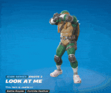 a teenage mutant ninja turtle with a look at me emote on a blue background