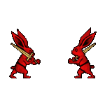 two red rabbits are fighting with swords on a white background .