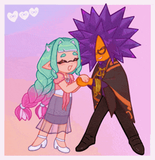 a cartoon drawing of a girl and a purple cartoon character