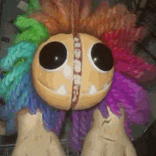 a close up of a stuffed animal with a rainbow hairdo