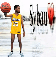 a young man in a yellow lakers jersey holds a wilson basketball