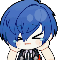 a cartoon character with blue hair is holding his head