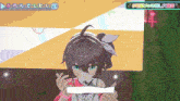 a girl in a video game is holding a piece of paper with chinese writing on it