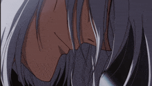 a close up of a person with long white hair
