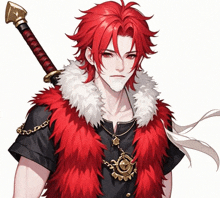 a man with red hair is holding a sword and wearing a black shirt