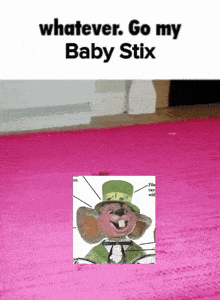 a picture of a baby stix sitting on a pink carpet
