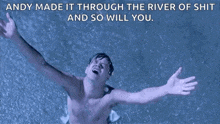 a shirtless man is swimming in a pool with his arms outstretched and a quote .