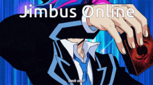 a man in a suit and tie holding a card with the words jimbus online written above him