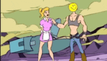 a cartoon of a man with a smiley face on his head standing next to a maid