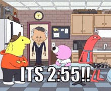 a cartoon says it 's 2:55 and has a clock on the wall