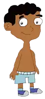 a cartoon character without a shirt is wearing shorts