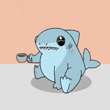 a cartoon of a shark holding a cup of coffee and a croissant .