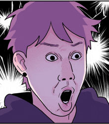 a cartoon drawing of a man with purple hair and a surprised look on his face