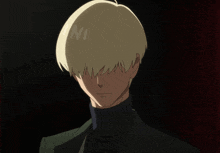 a man with blonde hair and blue eyes is wearing a black turtleneck