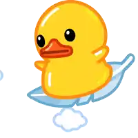 a yellow rubber duck with a red beak is sitting on a blue feather