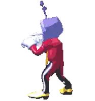 a pixel art of a cartoon character standing next to a television on a white background .