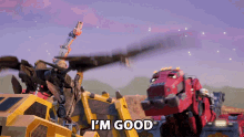 a cartoon scene with a helicopter saying i 'm good in the foreground