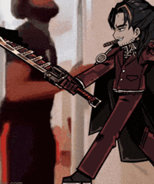 a cartoon drawing of a man in a suit holding a sword with a watch on his arm