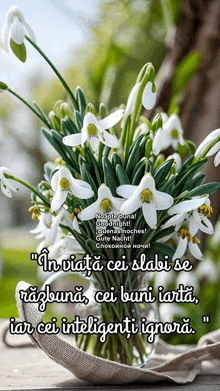 a bouquet of white flowers in a vase with a quote in a foreign language