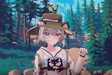 a cartoon girl wearing a hat with a butterfly on top of it