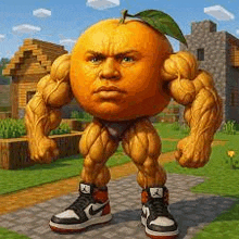a cartoon of an orange with muscles and a face on it .