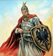 a painting of a man in armor holding a sword and shield with an eagle on it