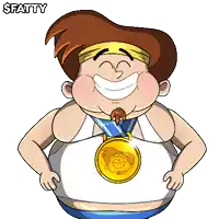 a cartoon of a fat man with a medal around his neck and the word fatty above him