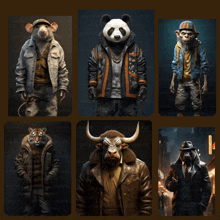 a collage of images of animals wearing leather jackets including a panda and a tiger