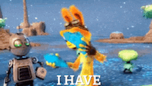 a robot and a rabbit are standing in the water with the words i have written on the bottom of the screen .