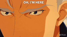 a close up of a man 's face with the words oh i 'm here below him