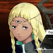 a girl with blonde hair has a third eye on her forehead and the word eup is below her